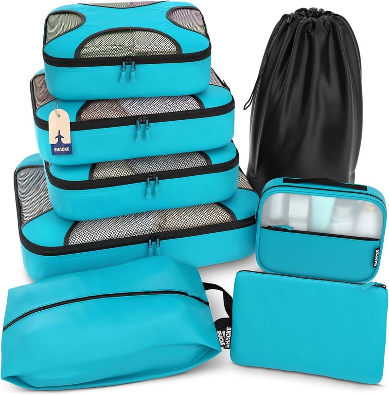 Shacke 8 Set Packing Cubes for Travel, Shoe & Toiletry Bags (Aqua Teal) | Complete suitcase organizer bags set: 4 luggage packing cubes + laundry, shoe, toiletry & accessories bags for any trip - Image 1