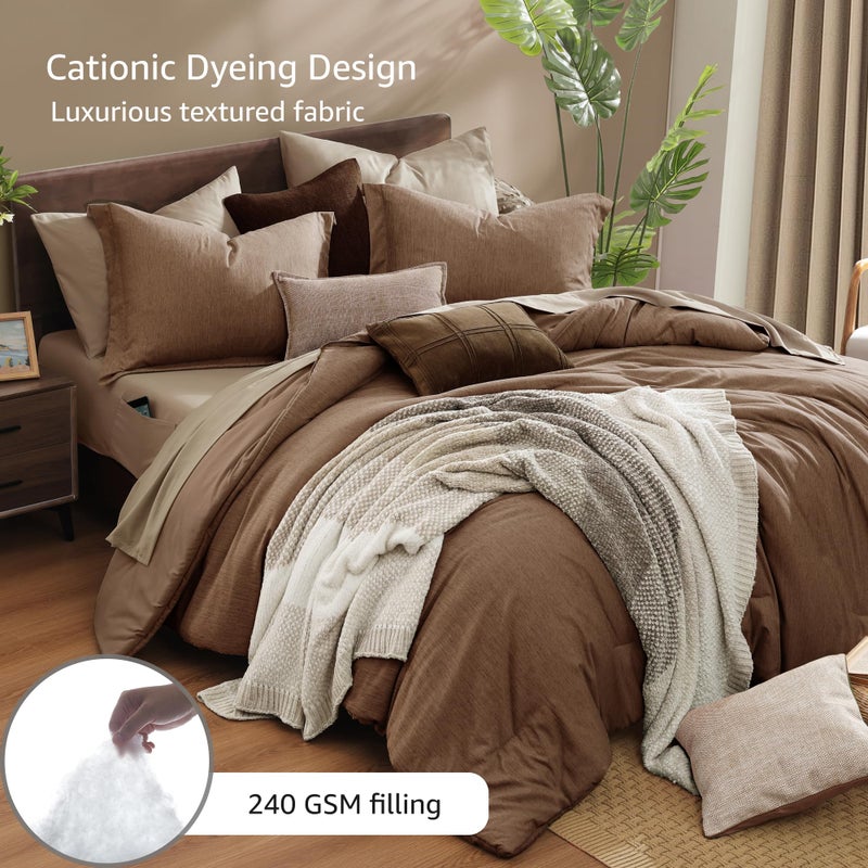 Monbix Queen Comforter Set - 7 Pieces Cationic Dyeing Brown Bed in a Bag Queen Bedding Sets with Comforter, Sheets, Pillowcases & Shams, Reversible Bedding Comforters Sets - Image 3