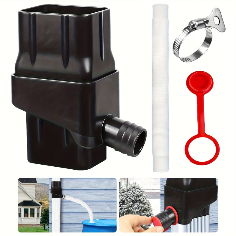 Black Rainwater Diverter Kit for Downspouts Easy Install Drainage System - Image 1