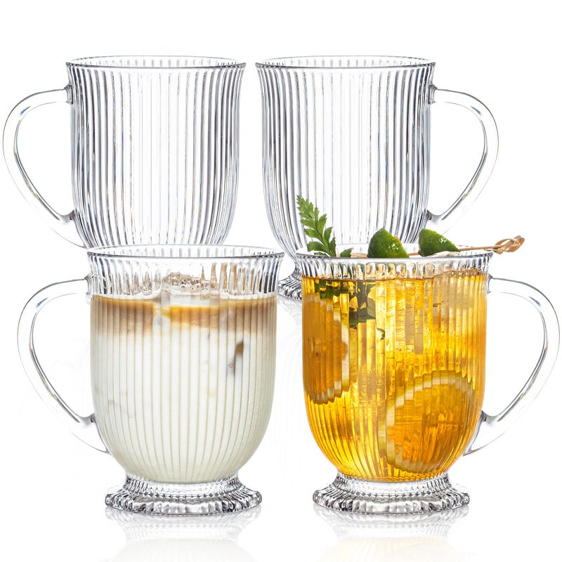 KEMORELA Glass Coffee Mugs Set of 4, Ribbed Large Coffee Mug 16 Oz With Handles for Hot Beverages, Clear Mugs for Tea, Cappuccino, Latte, Espresso Coffee, Glass Coffee Cups Large Coffee Mug, for Hot Beverages - Image 1