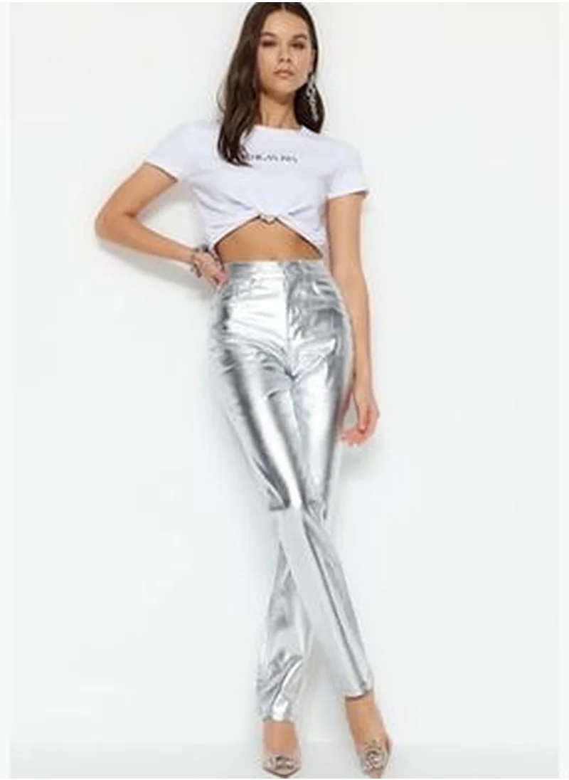 trendyol Silver Shiny Metallic Print High Waist Straight Jeans TWOSS23JE00243