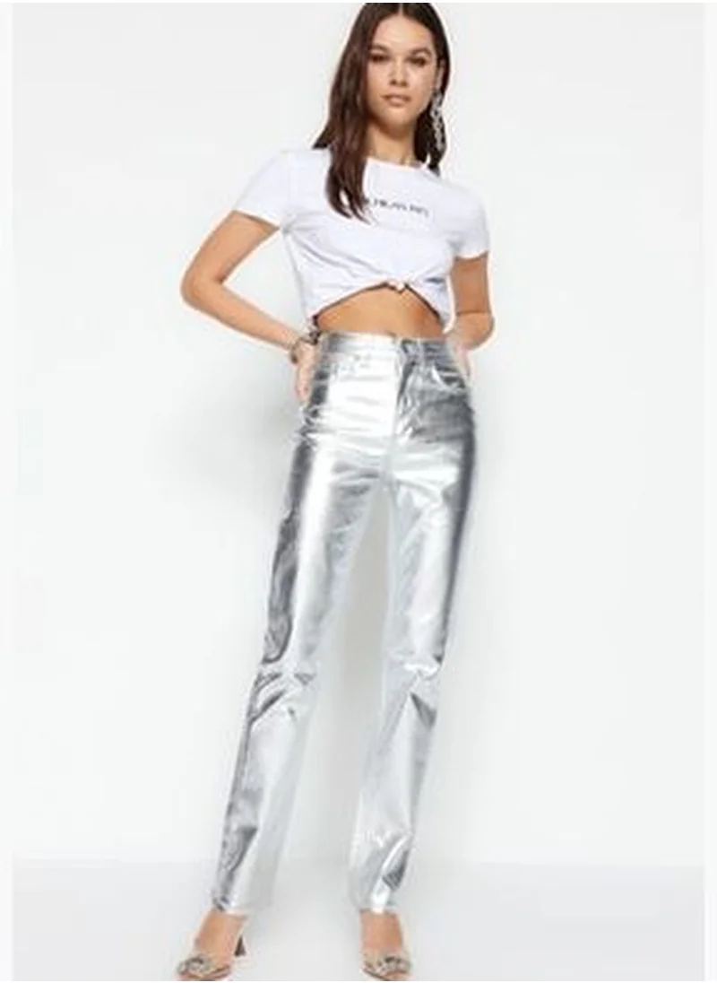 trendyol Silver Shiny Metallic Print High Waist Straight Jeans TWOSS23JE00243