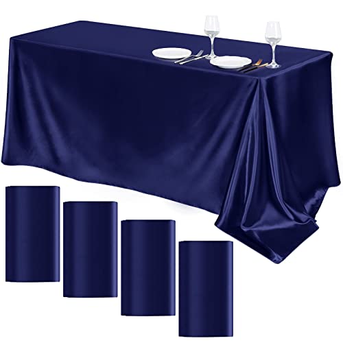 TURSTIN 4 Packs Satin Tablecloth 102 x 58 Inch Overlay Satin Table Cover Rectangle Bright Silk Tablecloth Smooth Fabric Table Decoration for Wedding Banquet Party Events, Navy Blue - Image 1