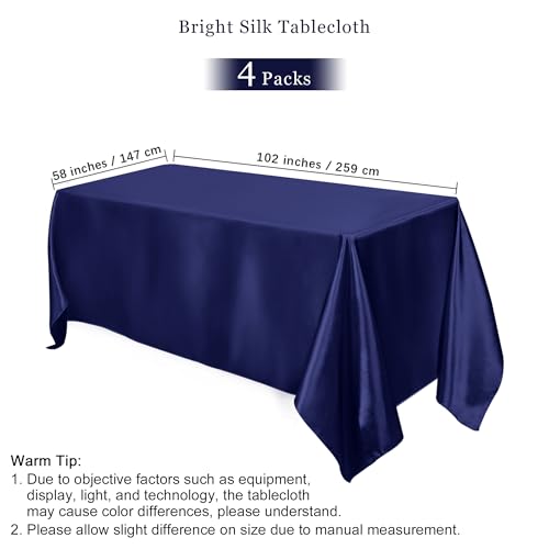 TURSTIN 4 Packs Satin Tablecloth 102 x 58 Inch Overlay Satin Table Cover Rectangle Bright Silk Tablecloth Smooth Fabric Table Decoration for Wedding Banquet Party Events, Navy Blue - Image 2