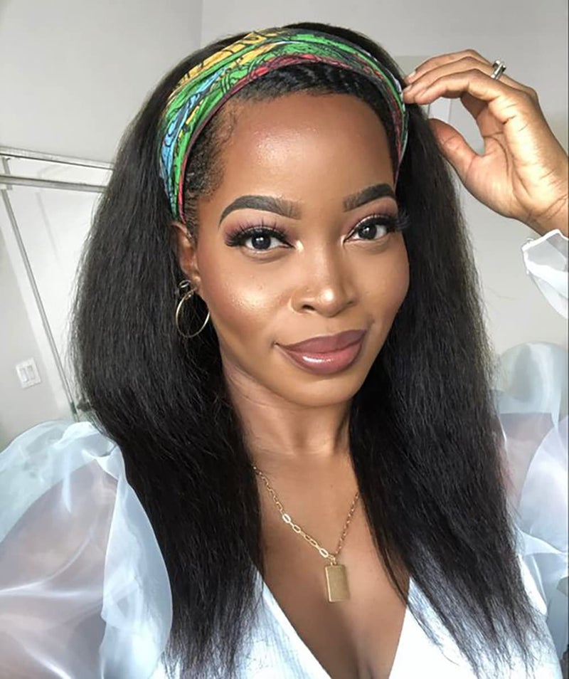 Aminow Kinky Straight Headband Wig, Soft & Natural as Human Hair, Glueless Headband Wigs for Black Women, Long Black Italian Yaki Synthetic Half Wig (1B Natural Black, 16 Inch) - Image 1