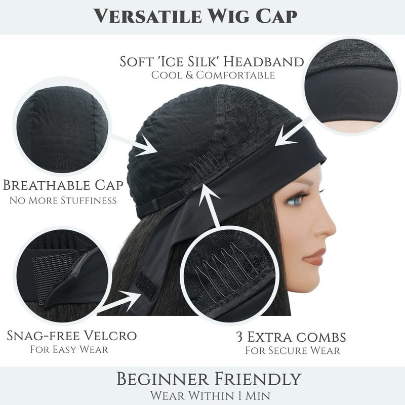 Aminow Kinky Straight Headband Wig, Soft & Natural as Human Hair, Glueless Headband Wigs for Black Women, Long Black Italian Yaki Synthetic Half Wig (1B Natural Black, 16 Inch) - Image 5