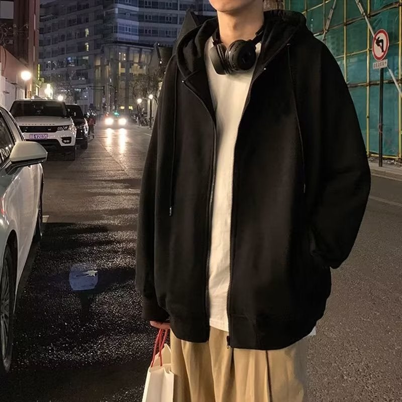 Mens Casual Hoodie Zip-Up Winter Jacket Black thin