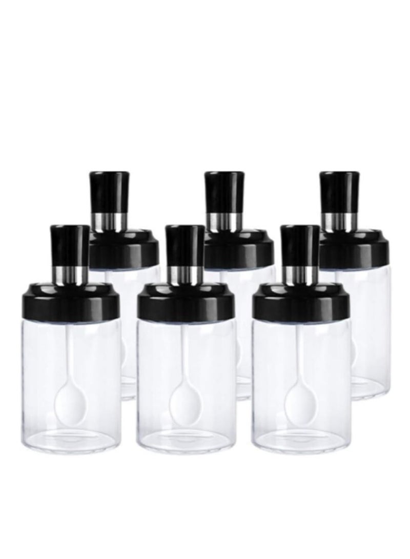 Bukela Kitchen Glass Spice Jars Seasonning Box Set of 6, Condiment Pots Spice Jars with Spoons, Oil Bottle Honey Jar Dispenser, Airtight Cap Transparent (8.45oz) - Image 1