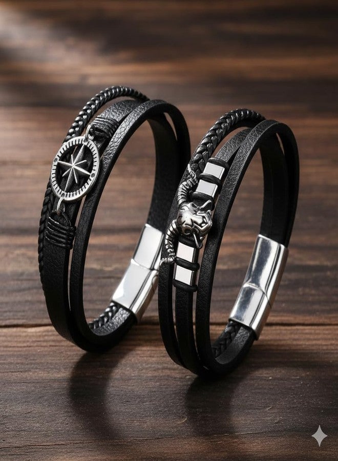 Vientiq Men Set Of 2 Leather Multistrand Black Bracelet Combo (Contemporary-7) - Image 4