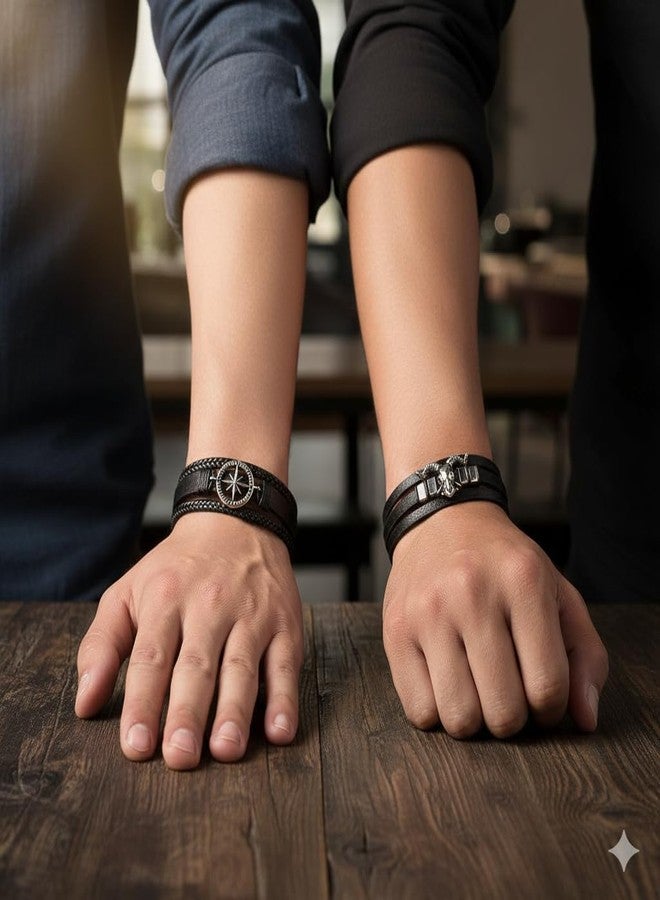 Vientiq Men Set Of 2 Leather Multistrand Black Bracelet Combo (Contemporary-7) - Image 5