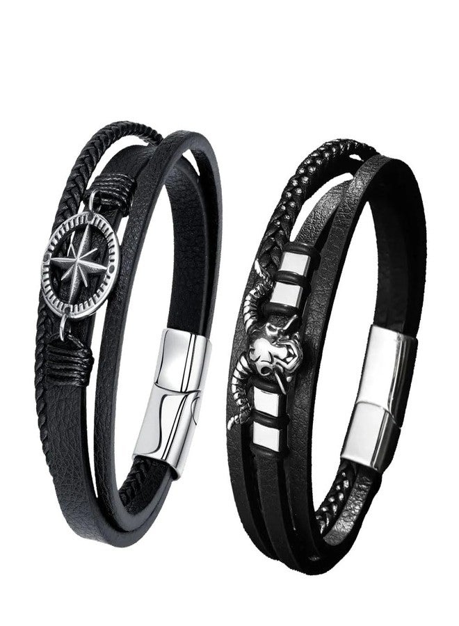 Vientiq Men Set Of 2 Leather Multistrand Black Bracelet Combo (Contemporary-7) - Image 1