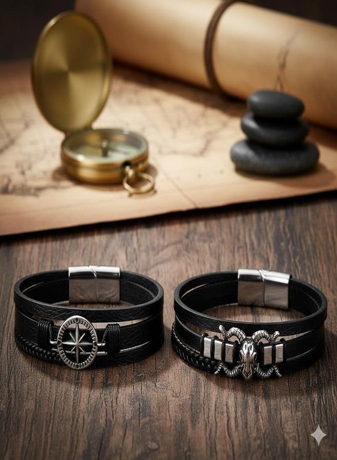 Vientiq Men Set Of 2 Leather Multistrand Black Bracelet Combo (Contemporary-7) - Image 3