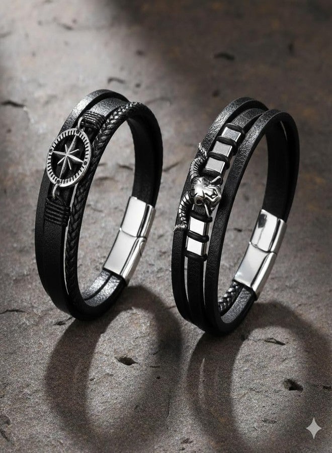 Vientiq Men Set Of 2 Leather Multistrand Black Bracelet Combo (Contemporary-7) - Image 2