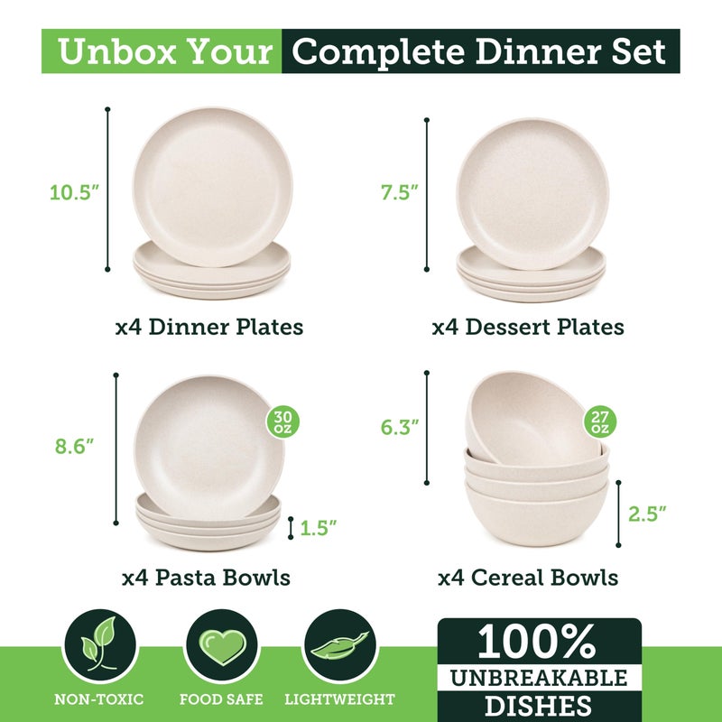 Grow Forward 16-piece Premium Wheat Straw Dinnerware Sets for 4 - Unbreakable Dishwasher & Microwave Safe Plastic Plates and Bowls Sets - Patio, Outdoors, RV, Camping Dishes - Sahara - Image 3
