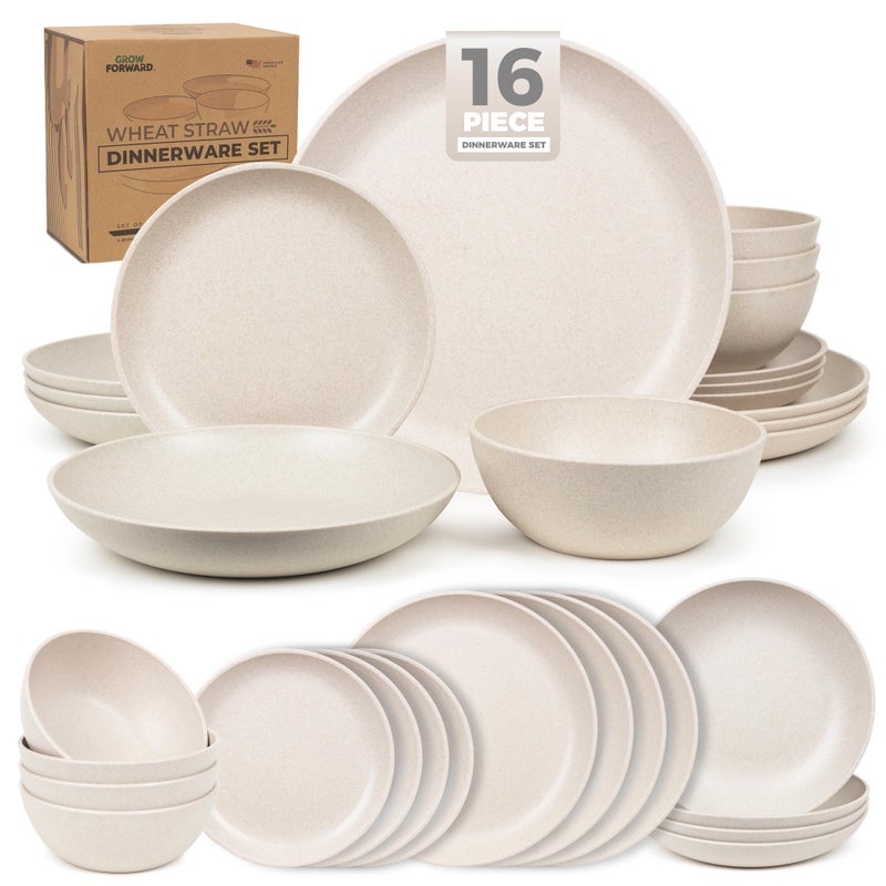 Grow Forward 16-piece Premium Wheat Straw Dinnerware Sets for 4 - Unbreakable Dishwasher & Microwave Safe Plastic Plates and Bowls Sets - Patio, Outdoors, RV, Camping Dishes - Sahara - Image 1