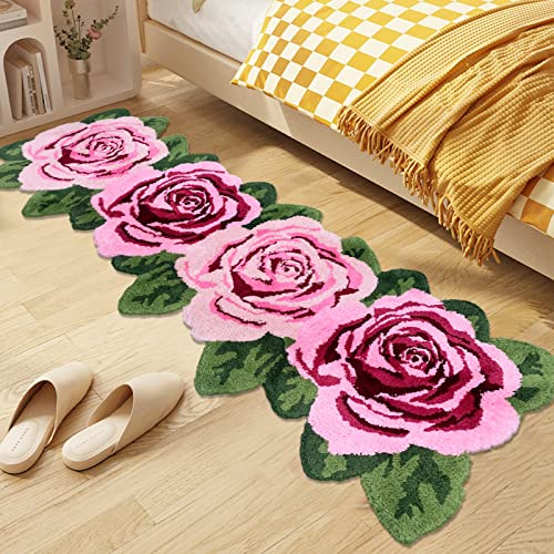 USTIDE Fluffy Rose Floor Runner PinkSoft and Shaggy Rose Runner Rug Handmade Rug Modern Carpets Washable Floor Mats for Living Room Laundry Room Hallway and Bathroom High Pile