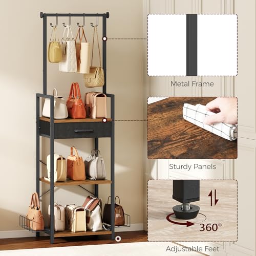 MAHANCRIS 3-Tier Tall Purse Organizer for Closet with Drawer, Hooks & Side Baskets, Floor-Standing Purse Rack Storage, Handbag Organizer, Purse Display Shelf, Bedroom, Entryway, Rustic Brown HSHR25201 - Image 3