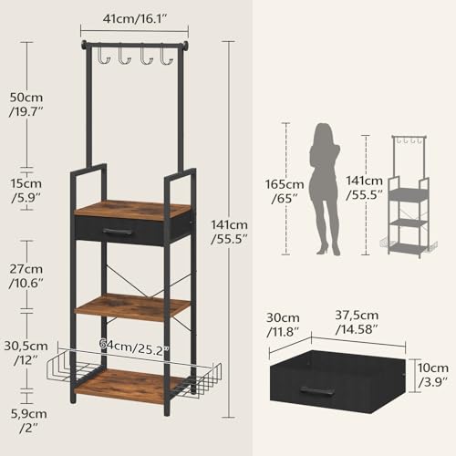 MAHANCRIS 3-Tier Tall Purse Organizer for Closet with Drawer, Hooks & Side Baskets, Floor-Standing Purse Rack Storage, Handbag Organizer, Purse Display Shelf, Bedroom, Entryway, Rustic Brown HSHR25201 - Image 2