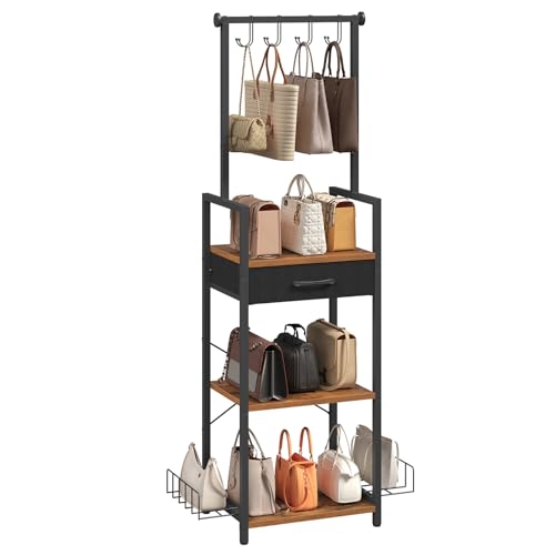 MAHANCRIS 3-Tier Tall Purse Organizer for Closet with Drawer, Hooks & Side Baskets, Floor-Standing Purse Rack Storage, Handbag Organizer, Purse Display Shelf, Bedroom, Entryway, Rustic Brown HSHR25201 - Image 1