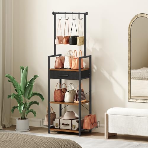 MAHANCRIS 3-Tier Tall Purse Organizer for Closet with Drawer, Hooks & Side Baskets, Floor-Standing Purse Rack Storage, Handbag Organizer, Purse Display Shelf, Bedroom, Entryway, Rustic Brown HSHR25201 - Image 4