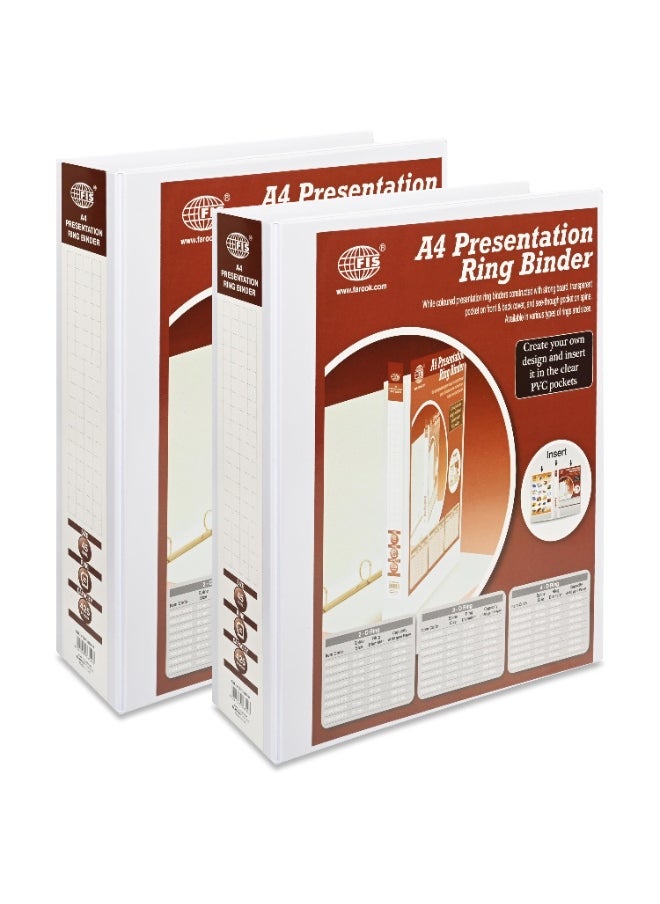 FIS Presentation Binder, A4 Size(210x297mm), 2[D]Ring Type, 45mm Ring Size, 2.50" Inches Spine with Clear PVC Pocket For Easy Insert Your Label Design, Packet of 2 Pieces, White Color-FSBD245DPB/2  - Image 2