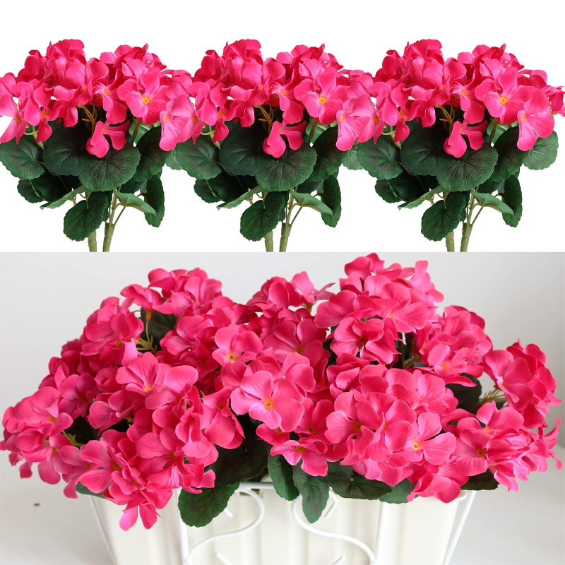 Htmeing 6PCS Artificial Geranium Bush Decorative Silk Flower Artificial Plant for Outdoors or Indoor Rose red