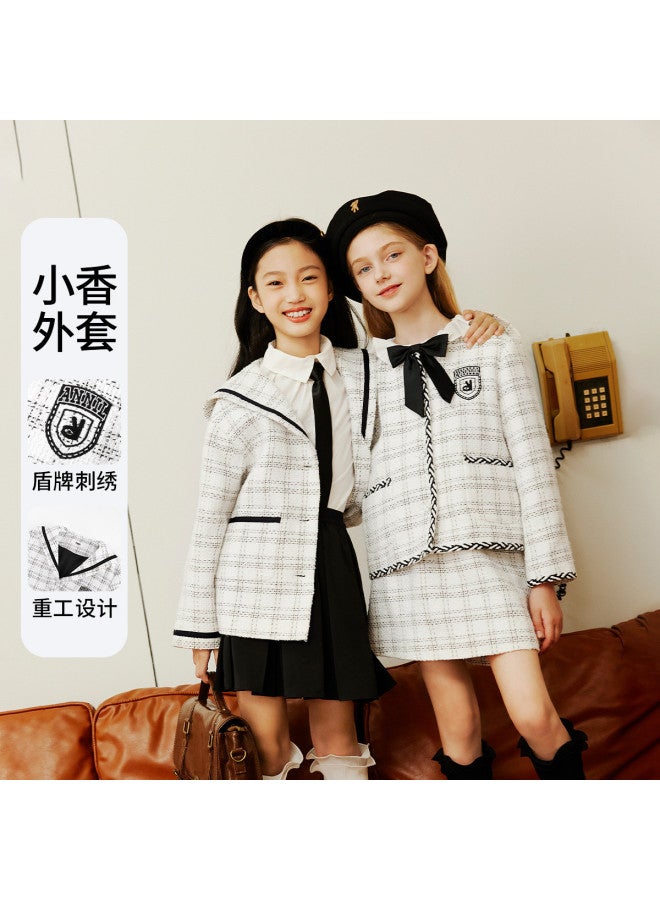 Annil Girls' Jacket Spring/autumn Plaid Vintage Fashion Collar Little Chic Coat - Image 2