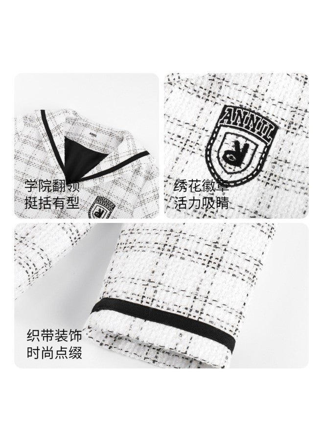 Annil Girls' Jacket Spring/autumn Plaid Vintage Fashion Collar Little Chic Coat - Image 4