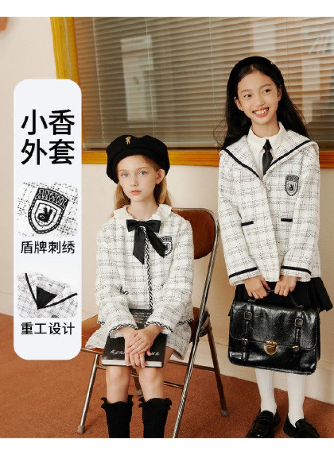Annil Girls' Jacket Spring/autumn Plaid Vintage Fashion Collar Little Chic Coat - Image 1