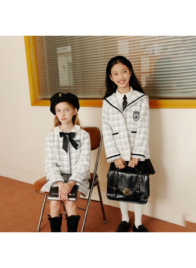 Annil Girls' Jacket Spring/autumn Plaid Vintage Fashion Collar Little Chic Coat - Image 3