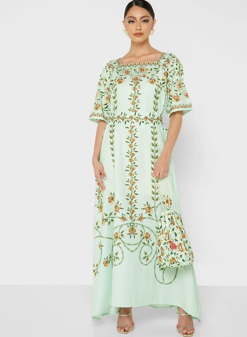 ARABIAN CLOSET Square Neck Printed Jalabiya