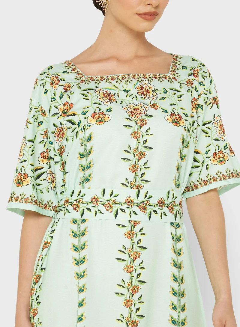 ARABIAN CLOSET Square Neck Printed Jalabiya