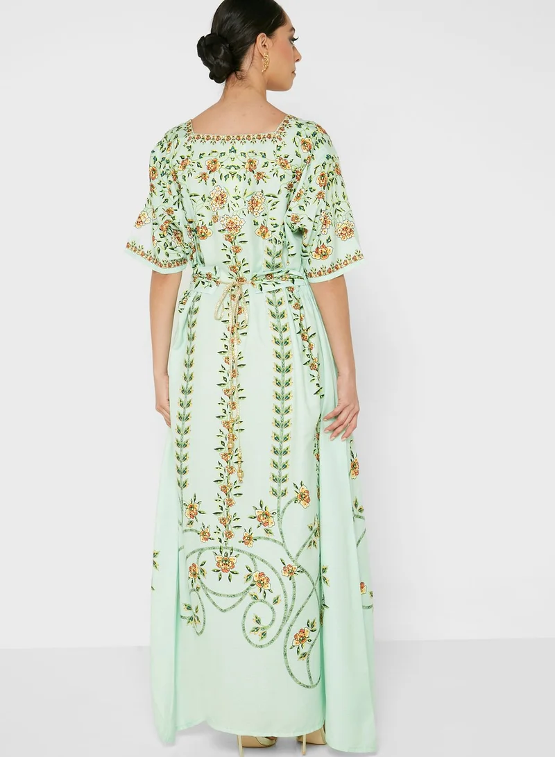 ARABIAN CLOSET Square Neck Printed Jalabiya