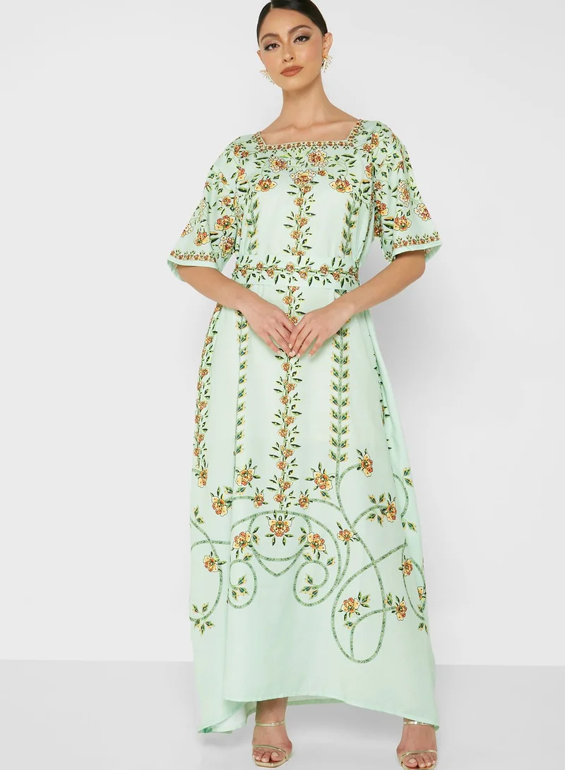 ARABIAN CLOSET Square Neck Printed Jalabiya