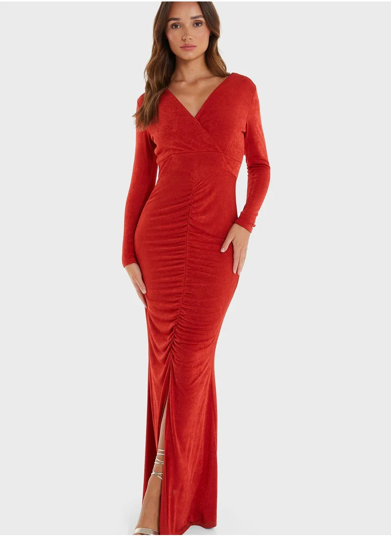 QUIZ Surplice Neck Ruched Detail Dress