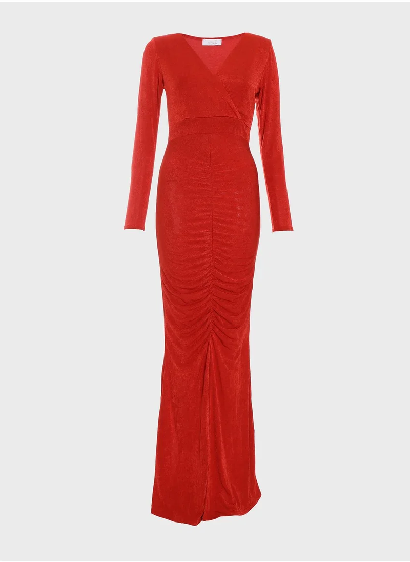 QUIZ Surplice Neck Ruched Detail Dress