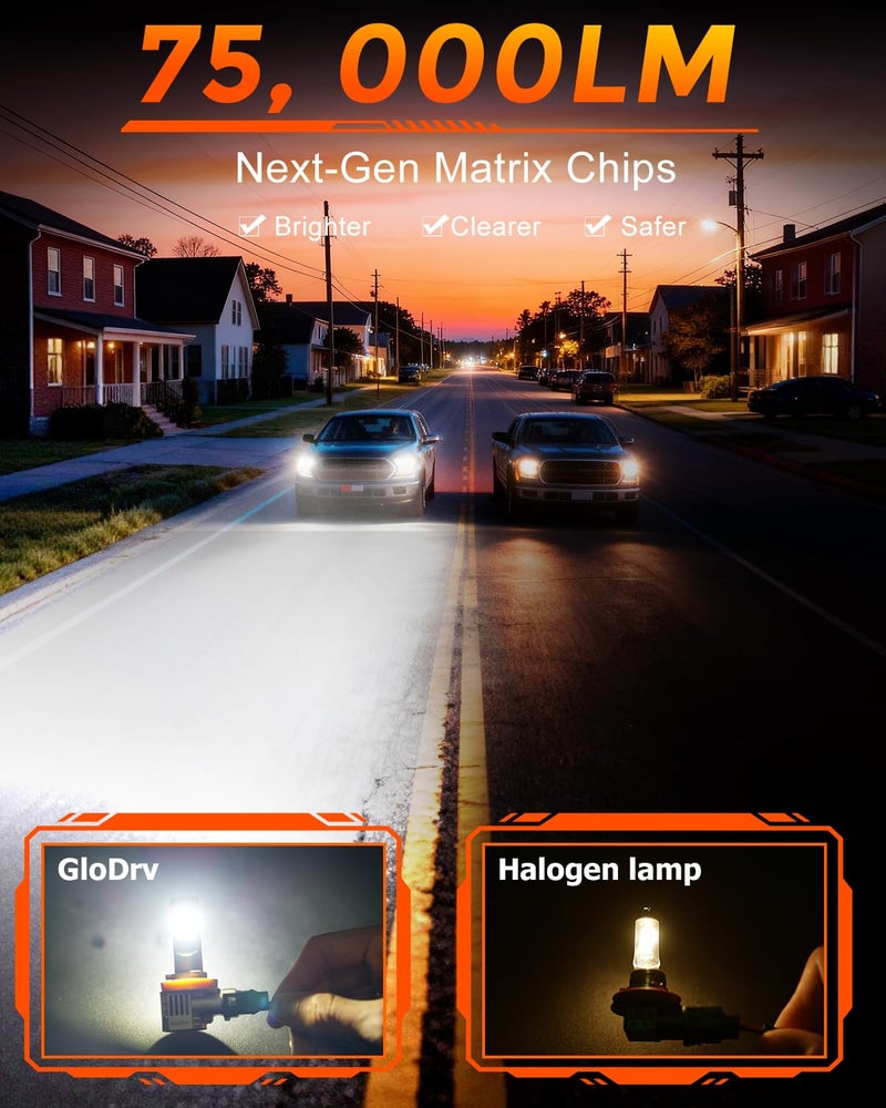 GloDrv [2026 Upgraded] H 11 LED Light Bulbs for Cars, 6500K Cool White, 75,000LM, 1:1 Halogen Beam, All-in-One Mini Design, Canbus Ready, Plug and Play, IP68 Waterproof, Fog Light, Pack of 2 - Image 2