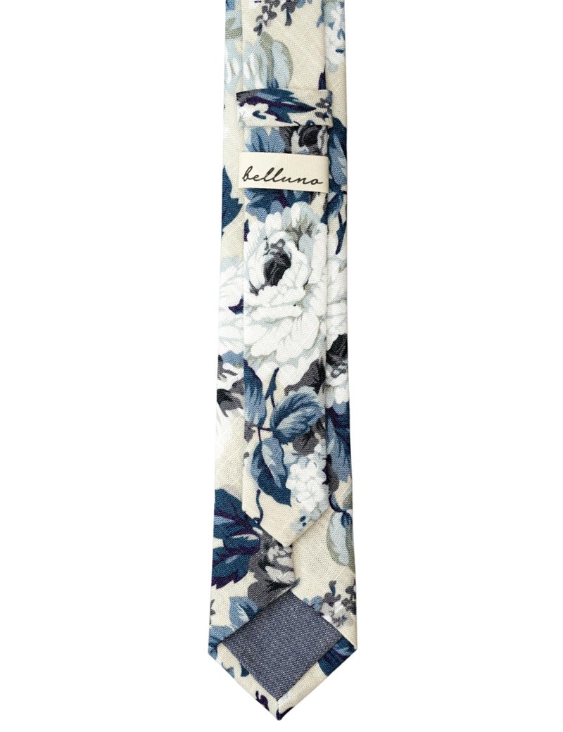 BELLUNO Floral Skinny Tie for Men, Slim Flower Tie for Wedding, Activities, Gift Box-Beige Blue - Image 3