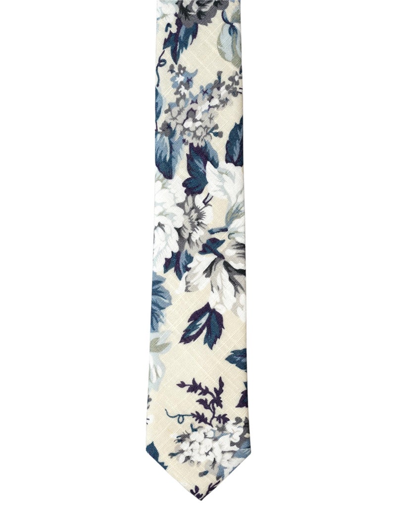 BELLUNO Floral Skinny Tie for Men, Slim Flower Tie for Wedding, Activities, Gift Box-Beige Blue - Image 2