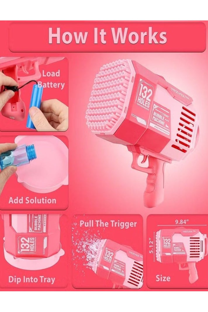 132 Holes Bubble Gun Machine - Bubble Blower Toy with Colorful Lights, Big Bubble Maker for Kids, for Outdoor and Indoor Fun (Pink) - Image 2