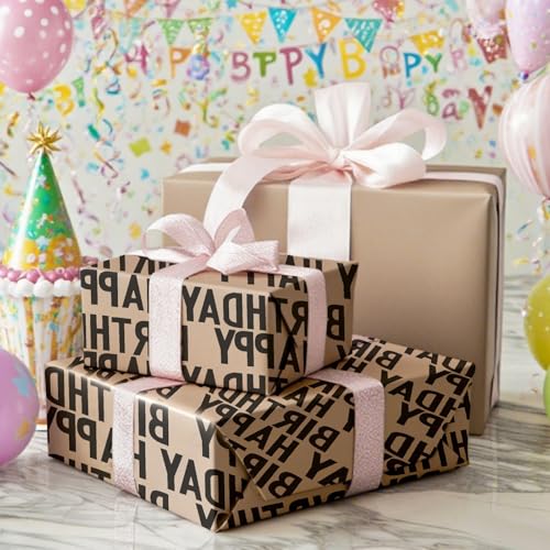Winjeto Gift Wrapping Paper Roll - Birthday Kraft Wrapping Paper Vintage Style Paper Perfect for Men Women Brown Kraft Paper with Black Pattern Gift Wrap for Birthday Party- 17 inch X 120 inch(10 feet) - Image 5