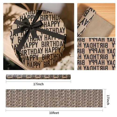 Winjeto Gift Wrapping Paper Roll - Birthday Kraft Wrapping Paper Vintage Style Paper Perfect for Men Women Brown Kraft Paper with Black Pattern Gift Wrap for Birthday Party- 17 inch X 120 inch(10 feet) - Image 2