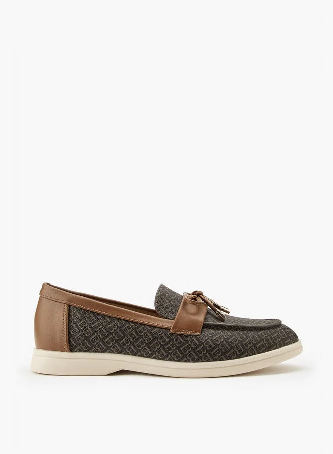 Monogram Print Slip-On Loafers with Bow Accent