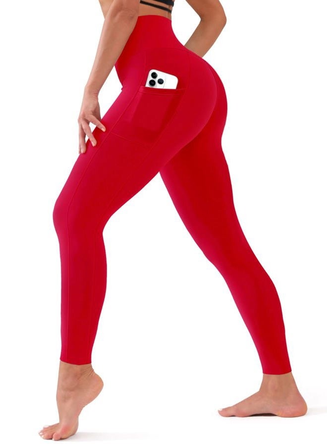 Bluemaple High Waisted Leggings for Women - Tummy Control Pants Non See Through Workout Soft Yoga Pants for Running Plus Size, 16-pockets Red, S-M - Image 1