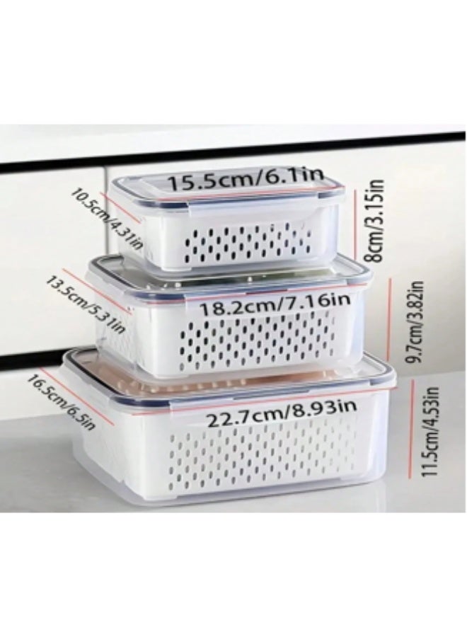 3pcs/Set Food Storage Containers With Drain Baskets And Lids - Leak-Proof, Fridge, Reusable Multi-Purpose Kitchen Storage Boxes For Fruits, Vegetables And Food. 3 Containers, 3 Drain Baskets, 3 Lids.