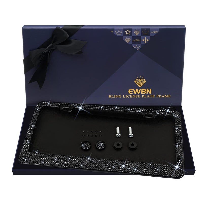 EWBN Bling Rhinestone License Plate Frame for Womenï¼ŒDiamond Sparkly Frames| Stainless Steel Frames & Over 1200 pcs Finest 14 Facets Black Glass Crystals Premium Diamond+GiftBox(Black) - Image 1