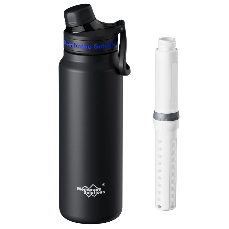 Membrane Solutions C3 Filtered Water Bottle, 32oz Stainless Steel Water Bottle with Replaceable ACF+UF Filter Cartridge, Portable Water Filter, Travel, Hiking & Camping for Drinking Water(Black) - Image 1