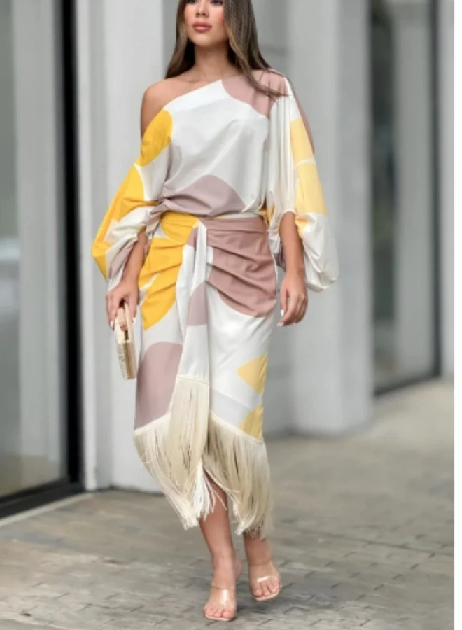 SIMPLEE Printed Lantern Sleeve Tassel Hem Skirt Two Piece