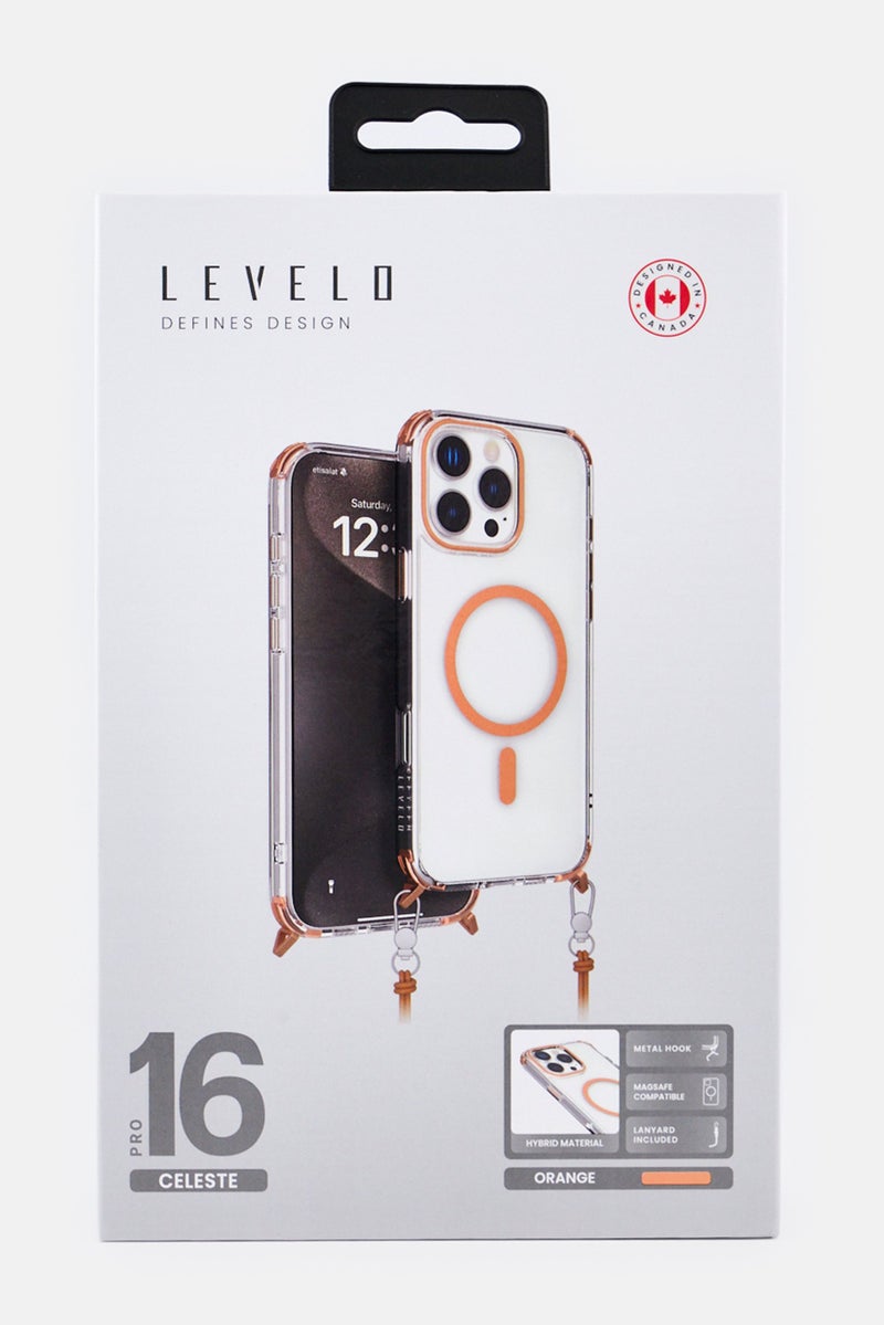 LEVELO حافظة آيفون 16 برو سيلستي مع حزام عبر الجسم، برتقالي - Image 2