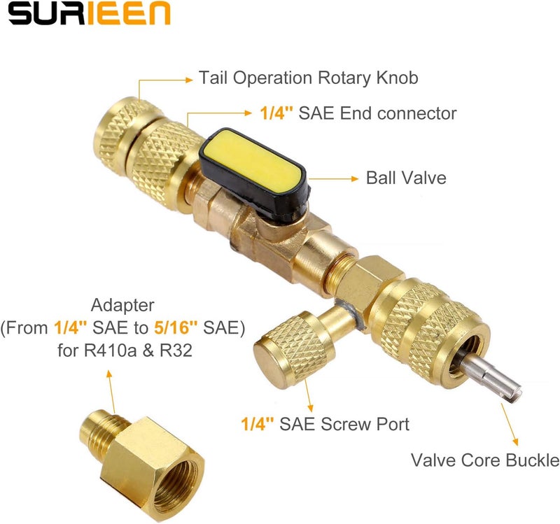 SURIEEN R410A R22 Valve Core Remover Installer Tool with Dual Size SAE 1/4 & 5/16 Port for R404A R407C R134A R12 R32 R600 HVAC System, with 10PCS 5v1 Valve Cores and Double Head Valve Core Remover - Image 2